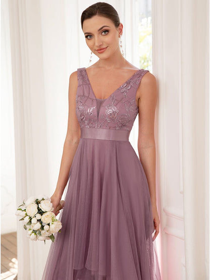 Deep V Neck Tulle High-Low Prom Dress with Sequin Detail