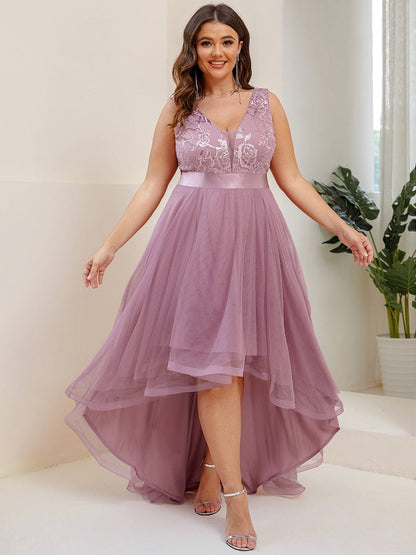 Deep V Neck Tulle High-Low Prom Dress with Sequin Detail