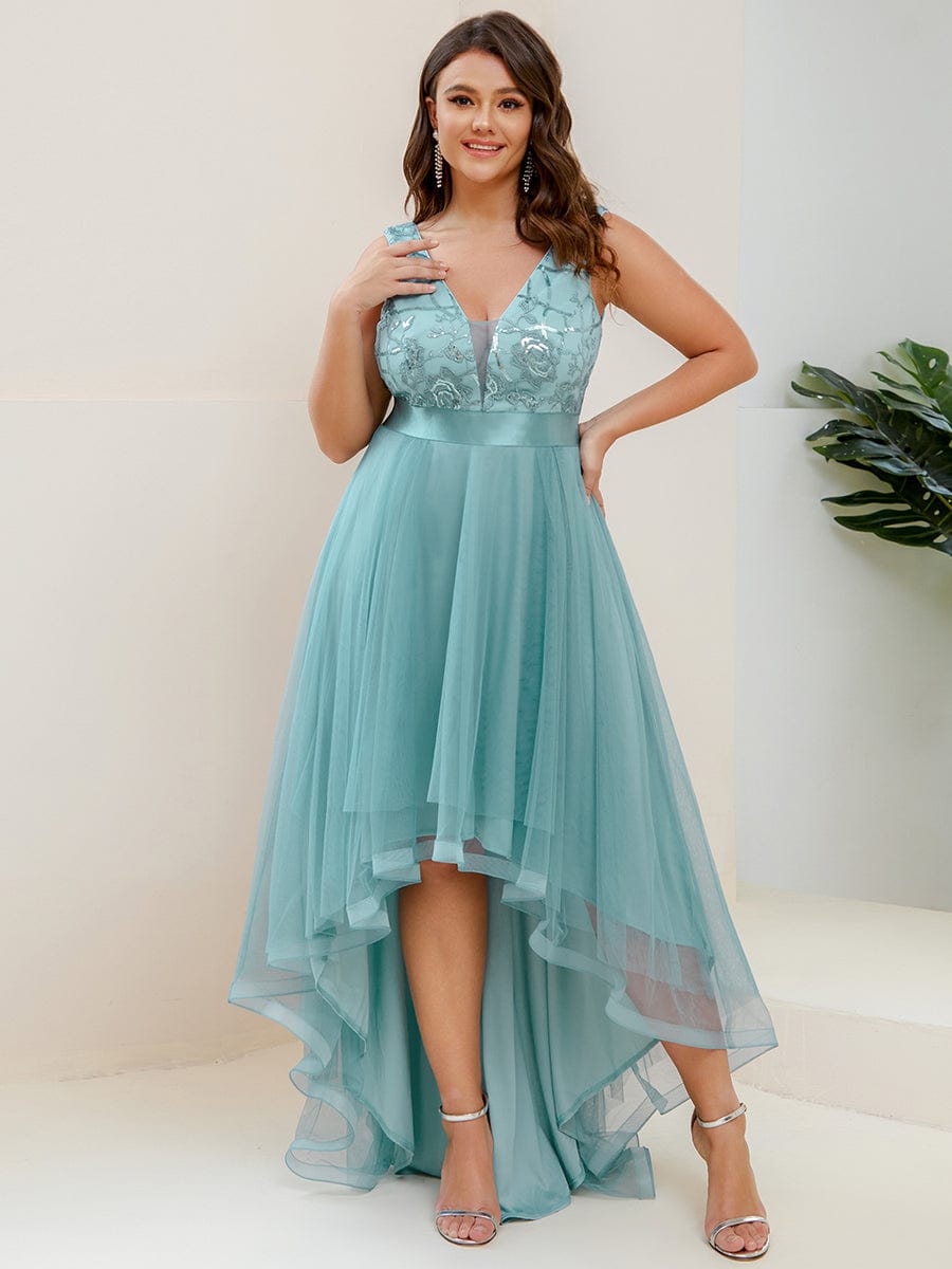 Deep V Neck Tulle High-Low Prom Dress with Sequin Detail