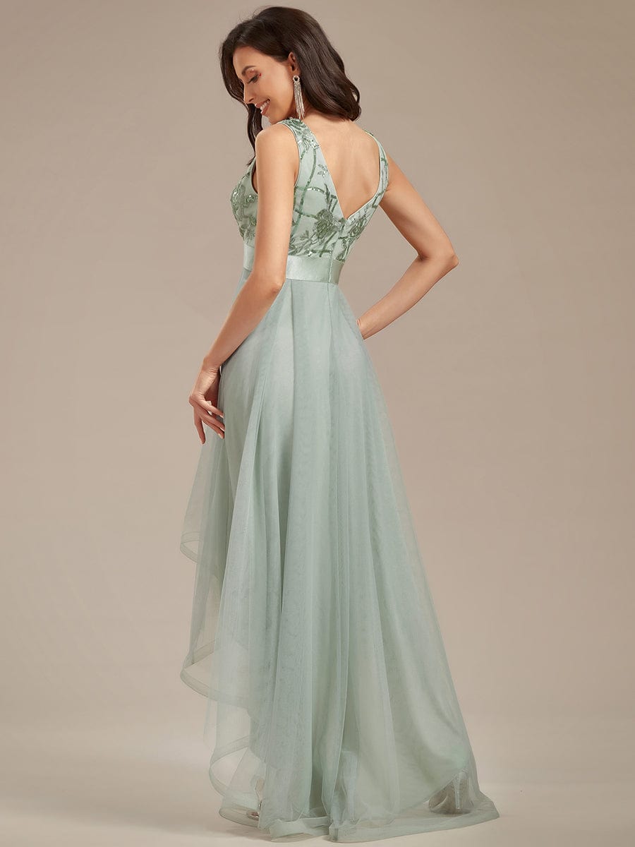 Deep V Neck Tulle High-Low Prom Dress with Sequin Detail