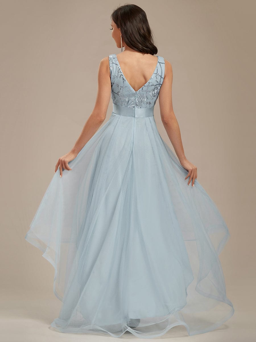 Deep V Neck Tulle High-Low Prom Dress with Sequin Detail