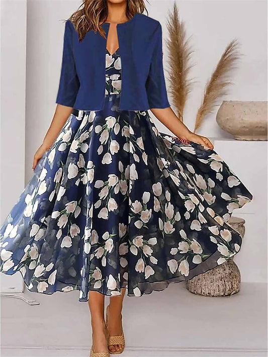 Women's Dress - Two Piece Dress Set Casual Dress Chiffon Dress Outdoor Daily Fashion Elegant Print Midi Dress V Neck Half Sleeve Floral Regular Fit Navy Blue Purple Green Summer Spring S M L XL XXL
