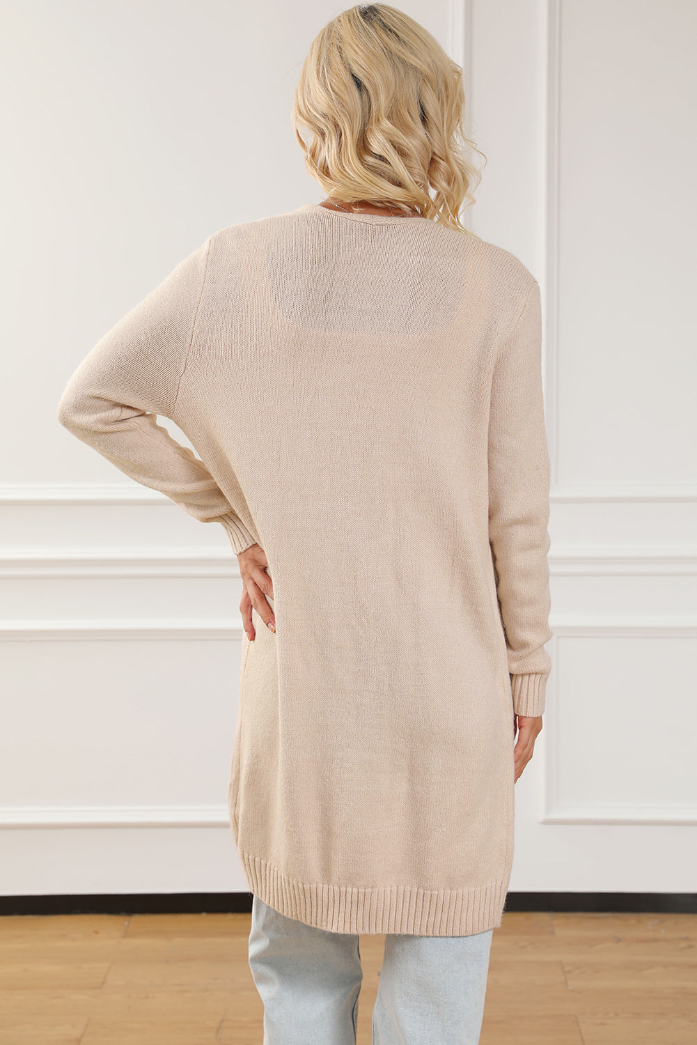 Apricot Knit Open Front Cardigan with Pockets