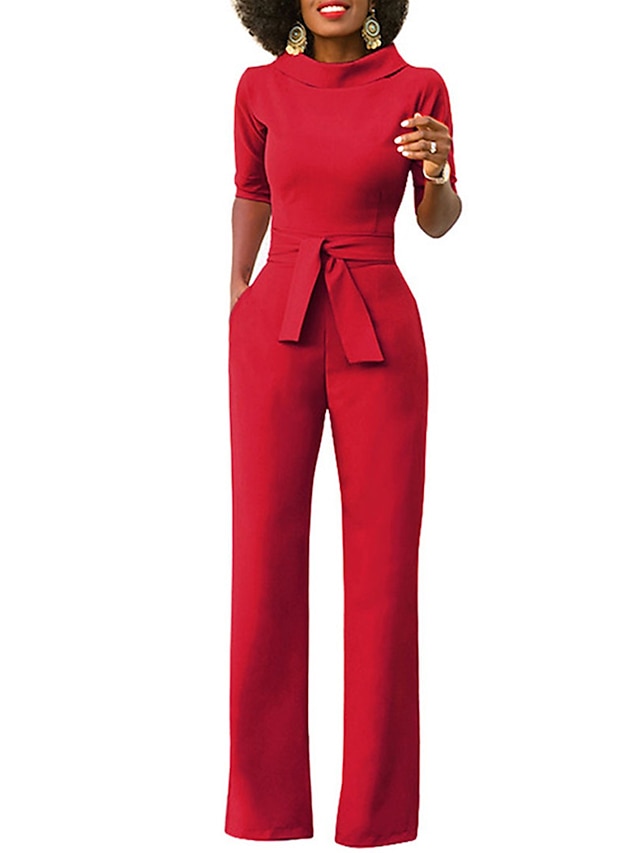 Jumpsuits for Women Summer Dressy Clean Fit Pocket High Waist Solid Color Stand Collar Business Office Work Regular Fit Half Sleeve Black White Yellow S M L - LuckyFash™