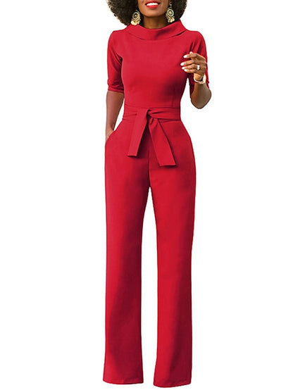 Jumpsuits for Women Summer Dressy Clean Fit Pocket High Waist Solid Color Stand Collar Business Office Work Regular Fit Half Sleeve Black White Yellow S M L - LuckyFash™