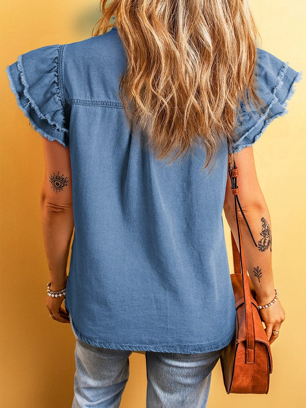 Denim Fluttery Ruffled Top with Button Front Detail
