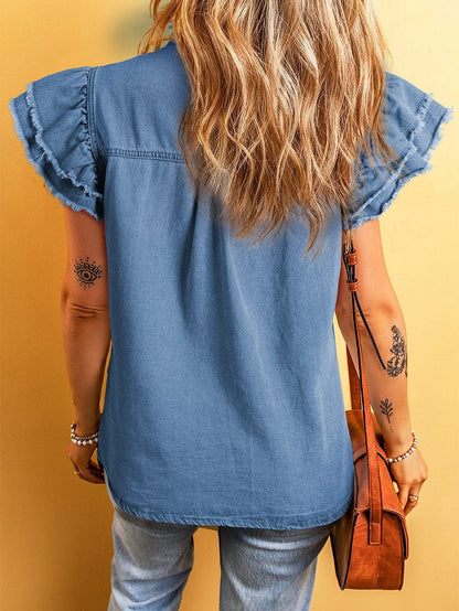 Denim Fluttery Ruffled Top with Button Front Detail