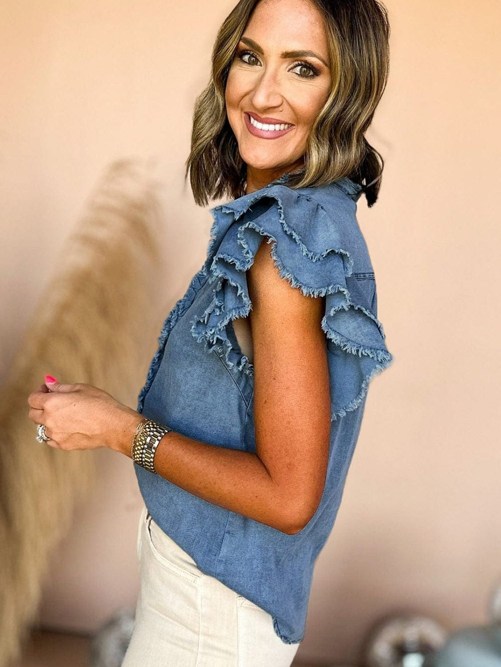 Denim Fluttery Ruffled Top with Button Front Detail