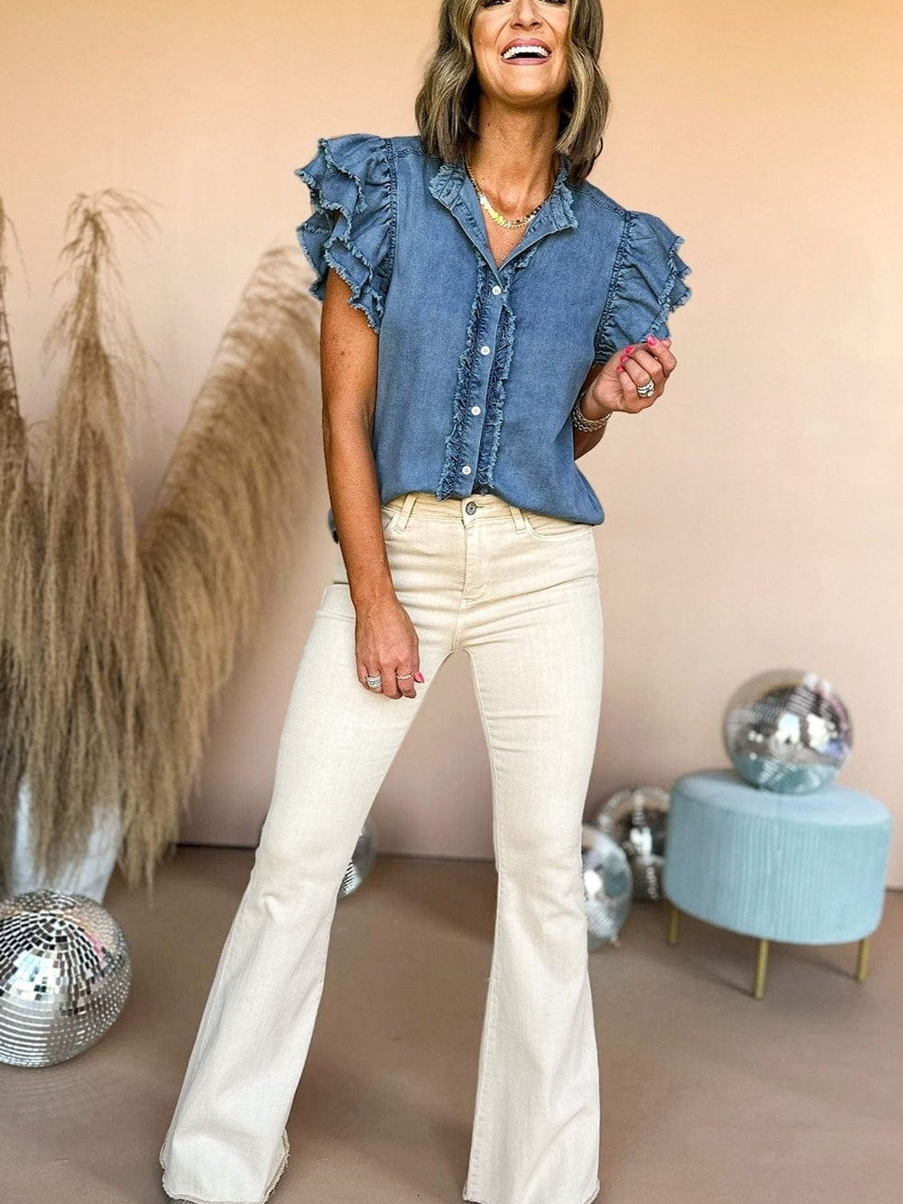 Denim Fluttery Ruffled Top with Button Front Detail