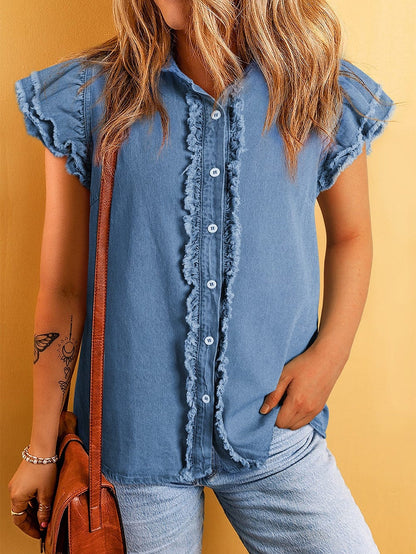 Denim Fluttery Ruffled Top with Button Front Detail