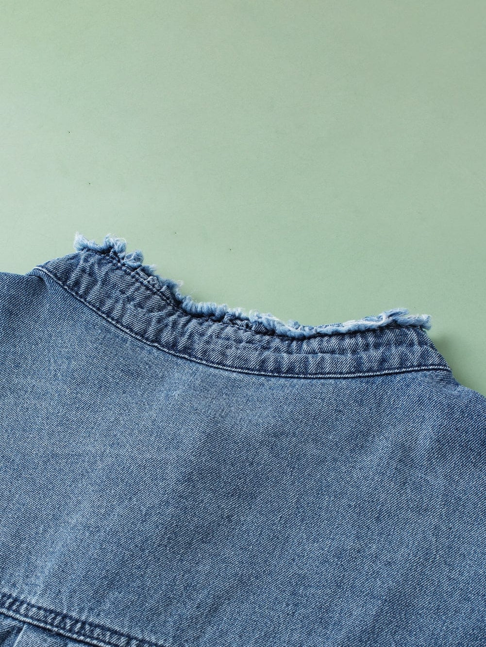 Denim Fluttery Ruffled Top with Button Front Detail