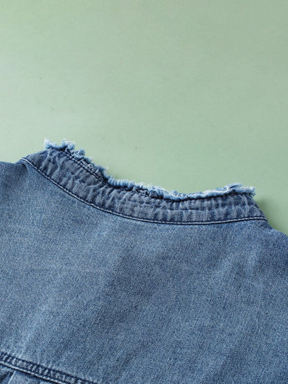 Denim Fluttery Ruffled Top with Button Front Detail