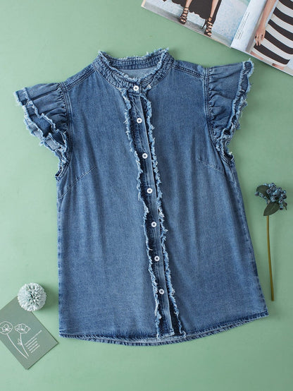 Denim Fluttery Ruffled Top with Button Front Detail