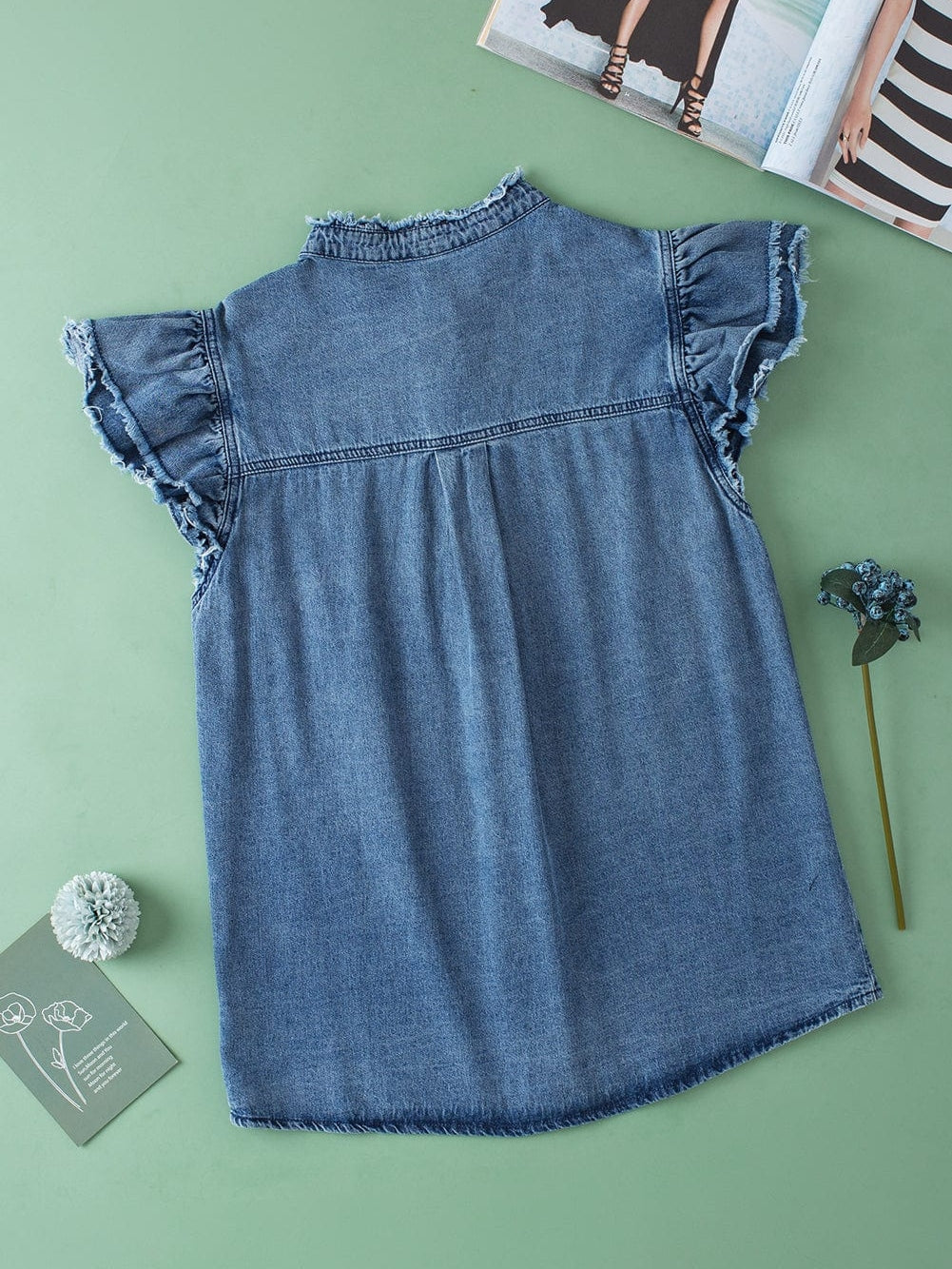 Denim Fluttery Ruffled Top with Button Front Detail