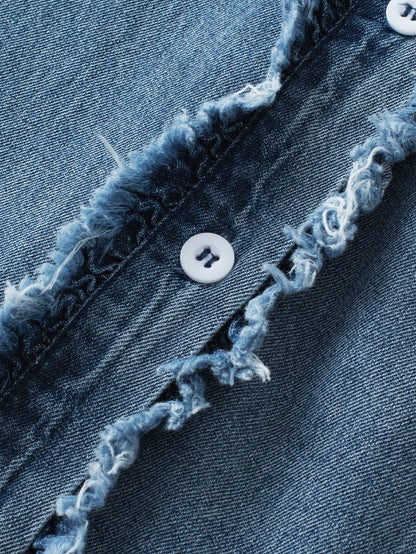 Denim Fluttery Ruffled Top with Button Front Detail