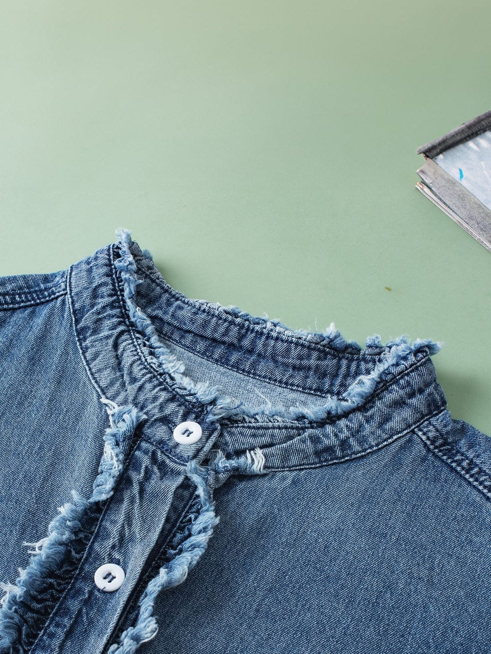 Denim Fluttery Ruffled Top with Button Front Detail