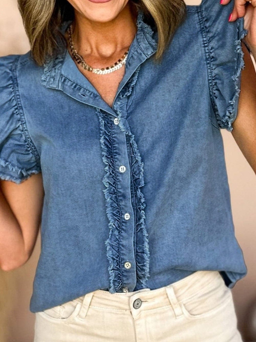 Denim Fluttery Ruffled Top with Button Front Detail