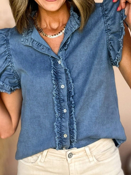 Denim Fluttery Ruffled Top with Button Front Detail