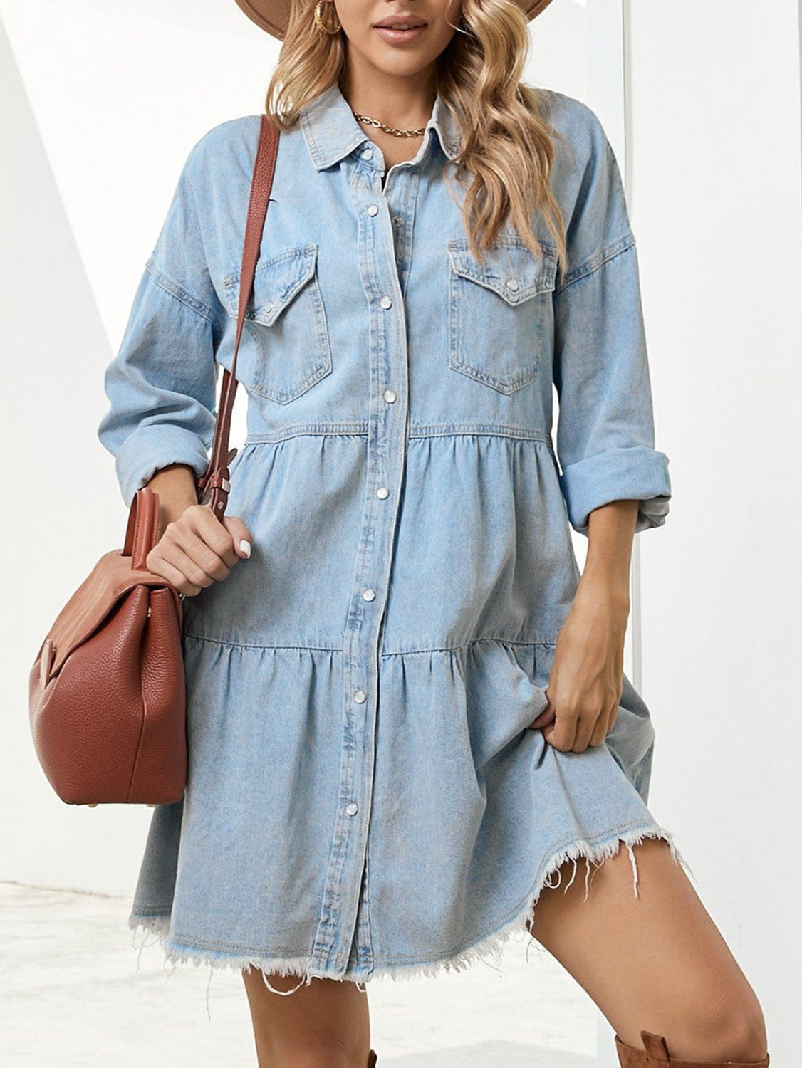 Denim Skirt Princess Dress with Lapel Collar and Long Sleeves
