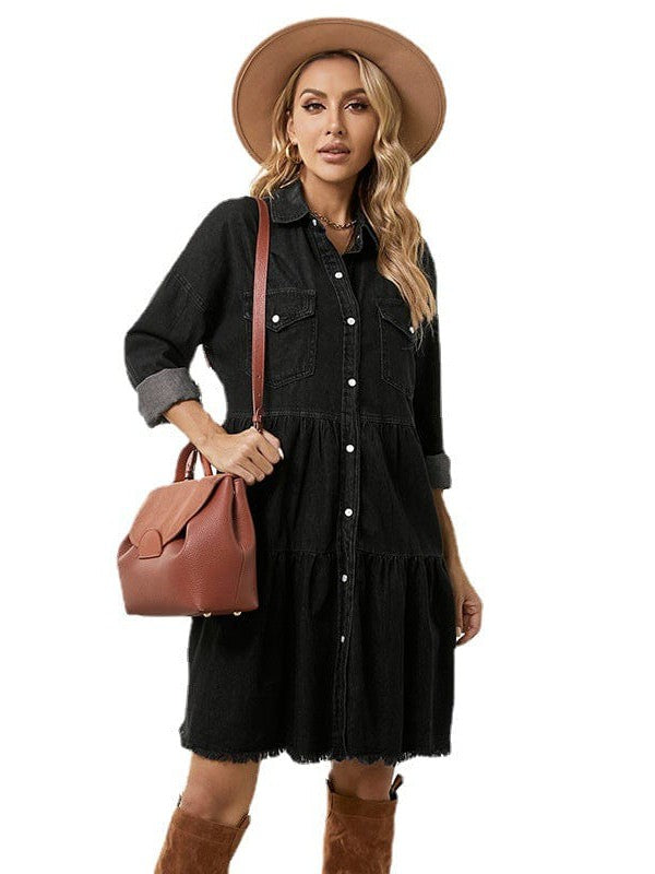 Denim Skirt Princess Dress with Lapel Collar and Long Sleeves