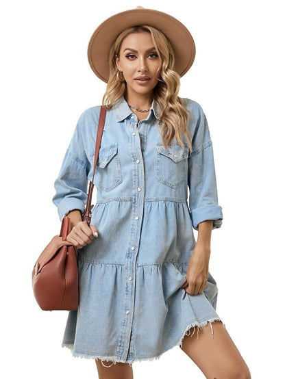 Denim Skirt Princess Dress with Lapel Collar and Long Sleeves