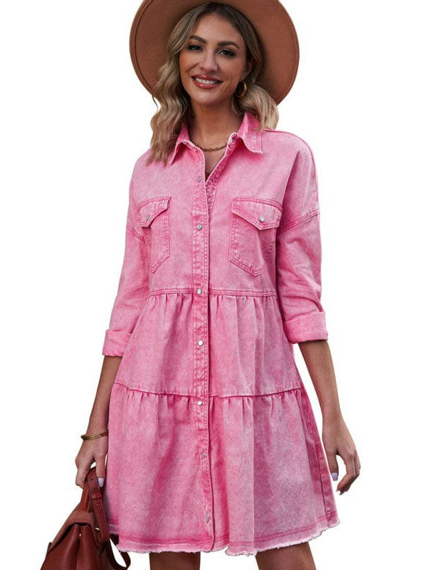 Denim Skirt Princess Dress with Lapel Collar and Long Sleeves