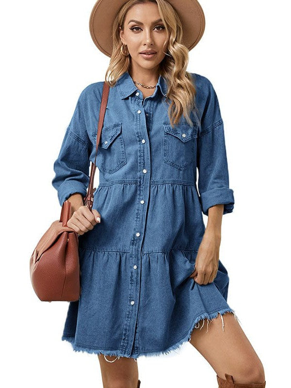Denim Skirt Princess Dress with Lapel Collar and Long Sleeves