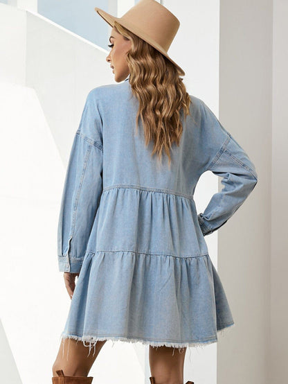 Denim Skirt Princess Dress with Lapel Collar and Long Sleeves