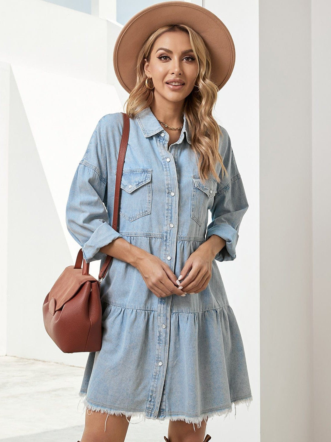 Denim Skirt Princess Dress with Lapel Collar and Long Sleeves