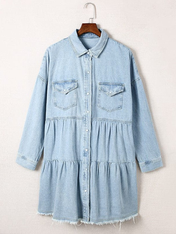 Denim Skirt Princess Dress with Lapel Collar and Long Sleeves