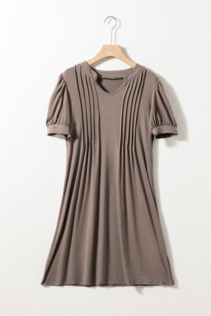 Desert Palm Pleated Notched Neck Puff Sleeve Shift Tee Dress