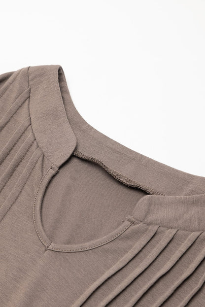 Desert Palm Pleated Notched Neck Puff Sleeve Shift Tee Dress