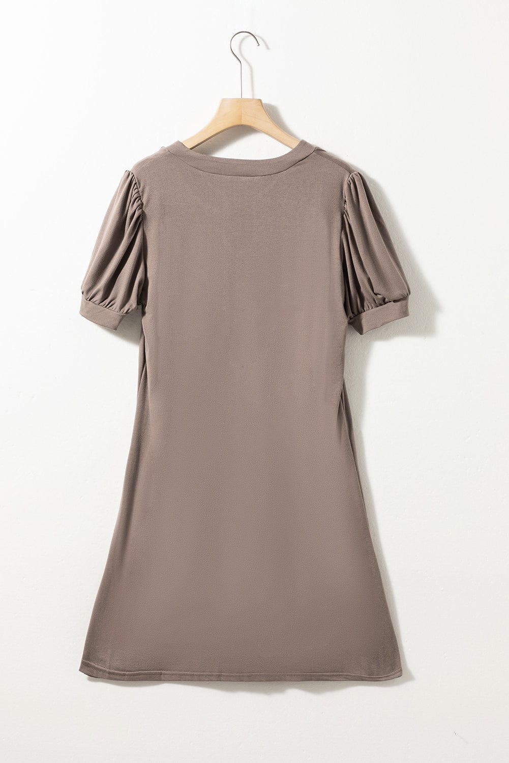 Desert Palm Pleated Notched Neck Puff Sleeve Shift Tee Dress