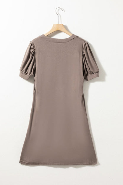 Desert Palm Pleated Notched Neck Puff Sleeve Shift Tee Dress
