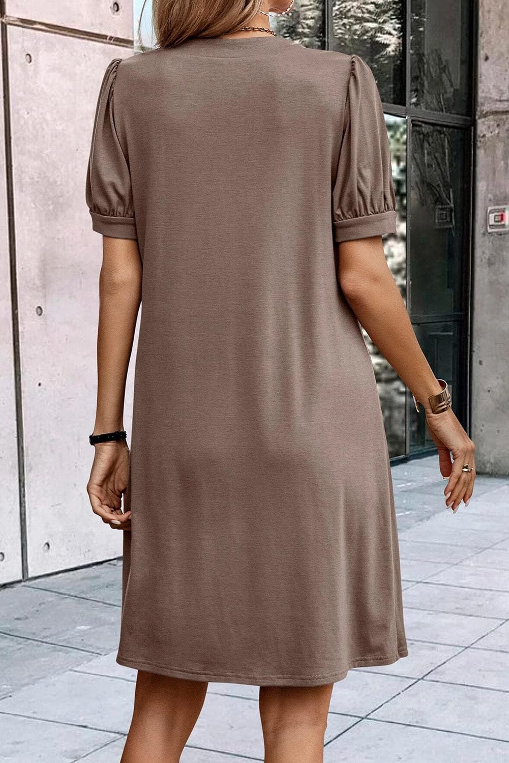 Desert Palm Pleated Notched Neck Puff Sleeve Shift Tee Dress