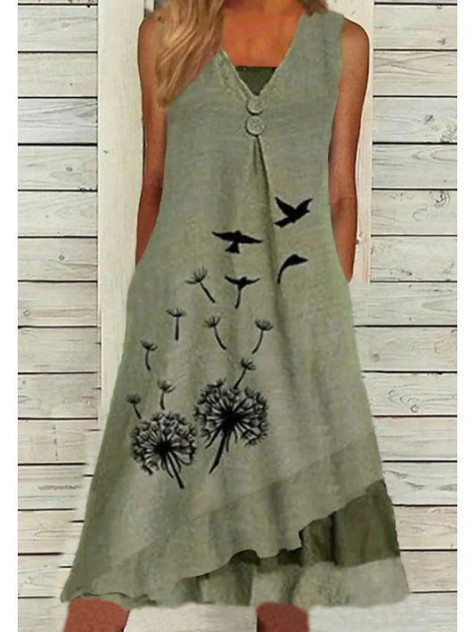 Women's Dress - Casual Dress A Line Dress Midi Dress Green Sleeveless Floral Print Summer Spring V Neck Fashion 2023 S M L XL XXL 3XL