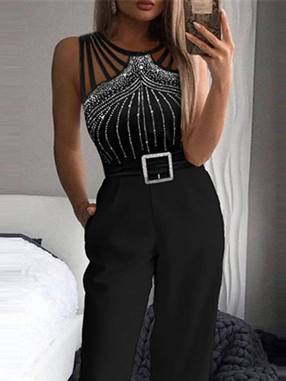 Women's Jumpsuit Pocket Beaded Polka Dot Crew Neck Elegant Party Going out Regular Fit Sleeveless Black S M L Spring - LuckyFash™