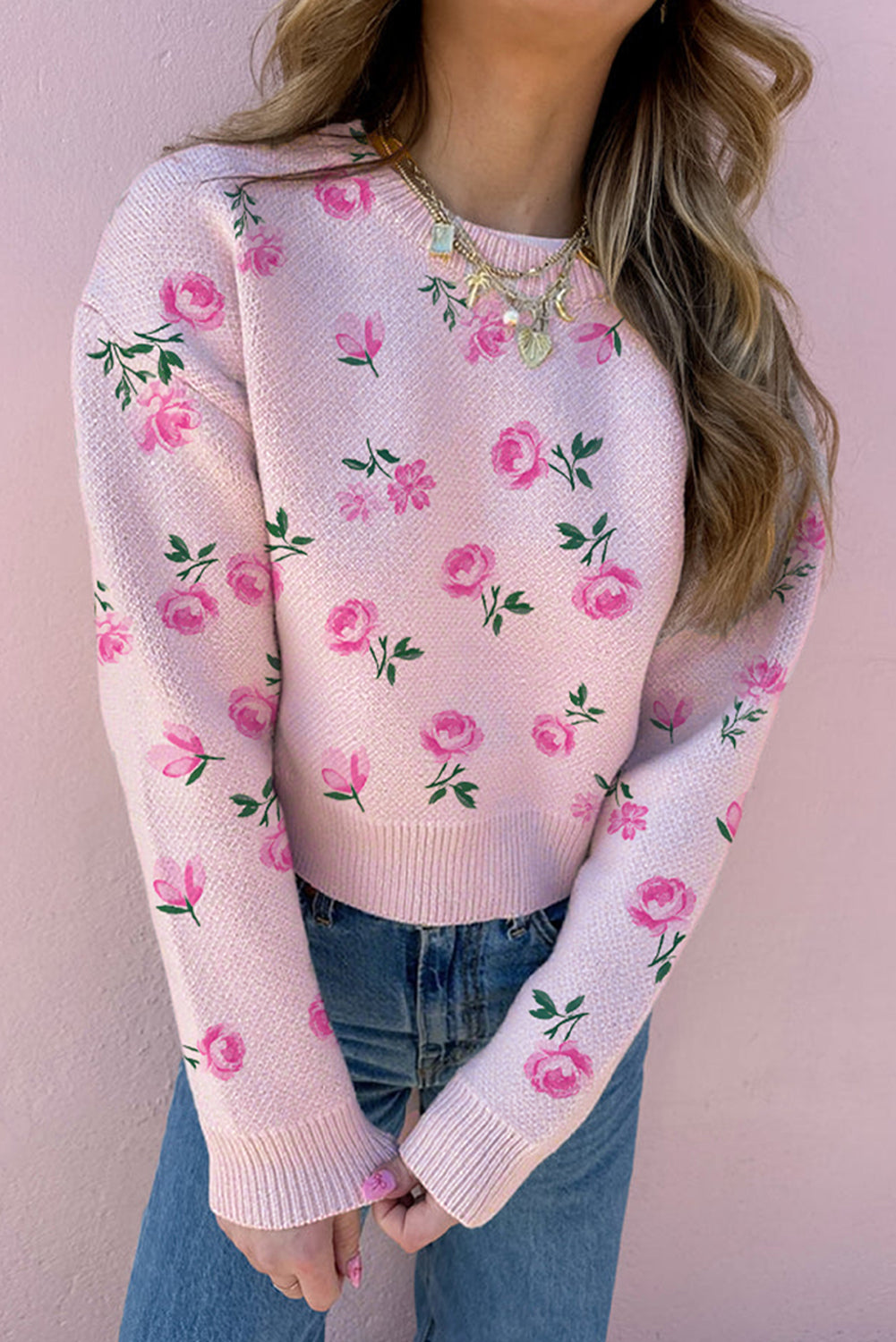 Delicacy Sweet Floral Print Drop Shoulder Cropped Sweater