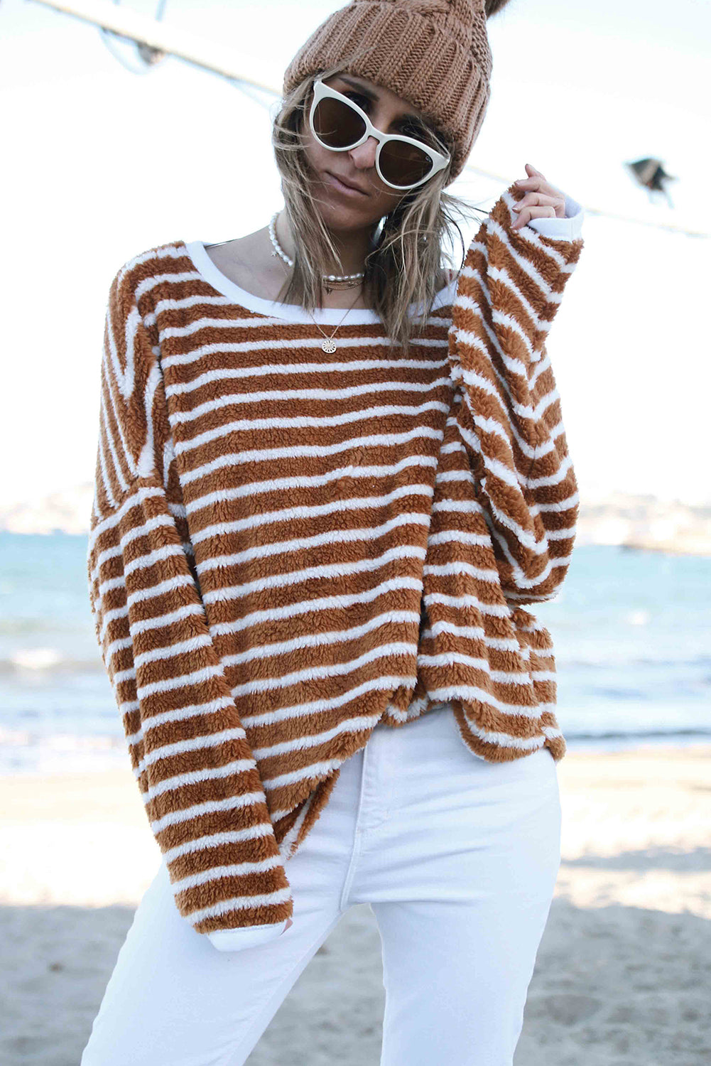 Brown Stripe Plush Drop Shoulder Round Neck Baggy Sweatshirt