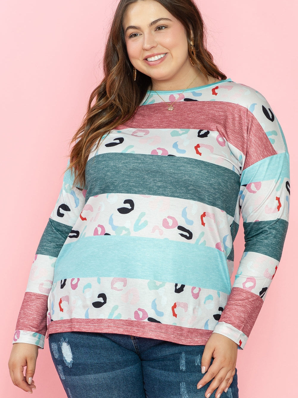 Stripe Colorblock Sky Blue Plus Size Pullover Top