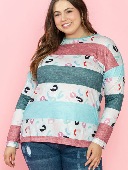 Stripe Colorblock Sky Blue Plus Size Pullover Top