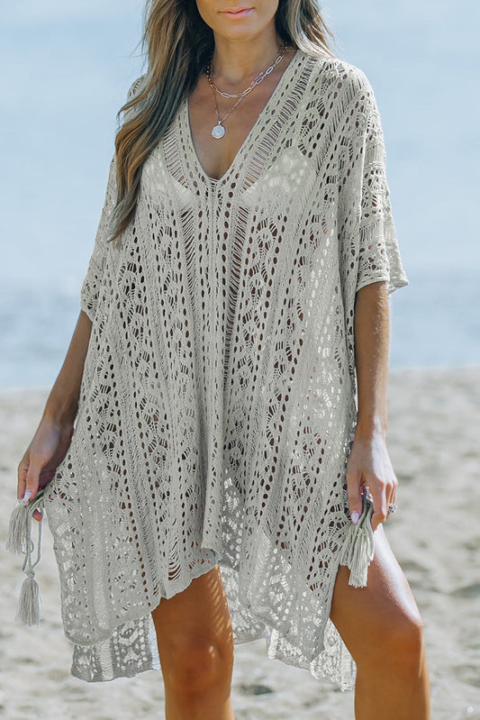 Boho Gray Crochet Beach Dress with Tassel Detail