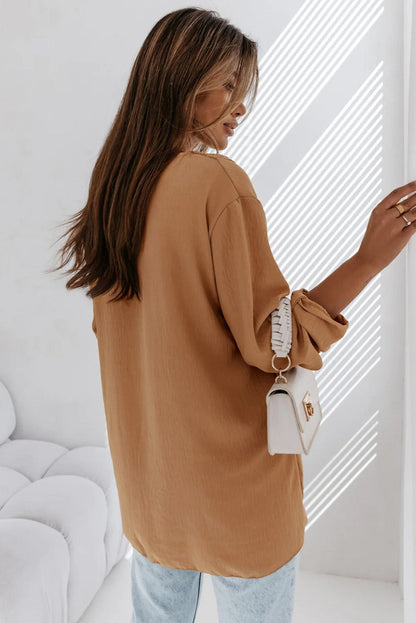 Camel Lace Patchwork V Neck Pinup Sleeve Blouse