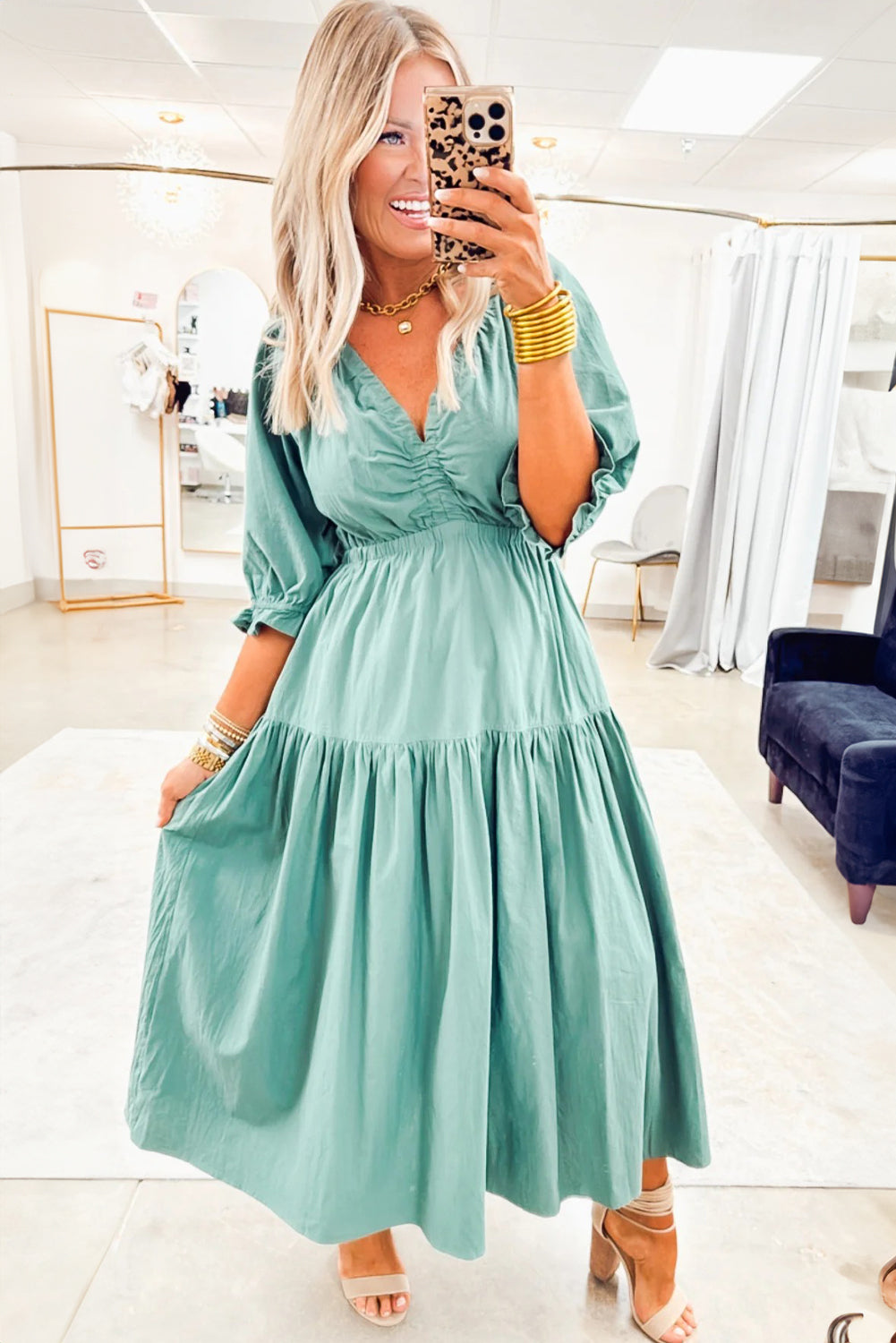 Canton V Neck Frilled Puff Sleeve Cinched Waist Flared Long Dress