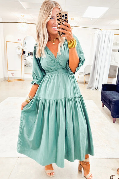 Canton V Neck Frilled Puff Sleeve Cinched Waist Flared Long Dress