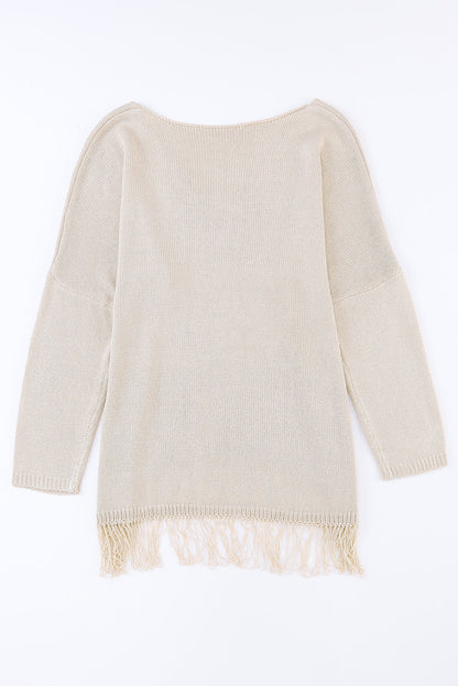 Khaki Knit Sweater with Fringe Detail for Casual Chic
