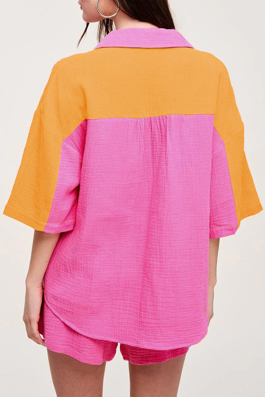 Rose Red Plus Size Color Block Lounge Set with Crinkle Texture