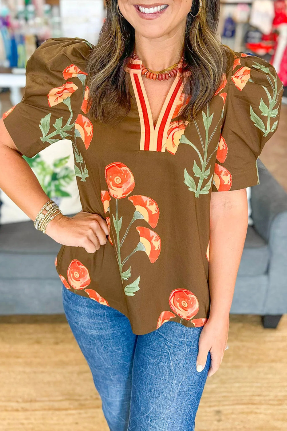 Brown Floral Print Short Puff Sleeve Contrasted Striped V Neck Blouse