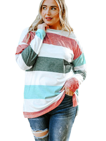 Green Striped Colorblock Shift Top for Curvy Women