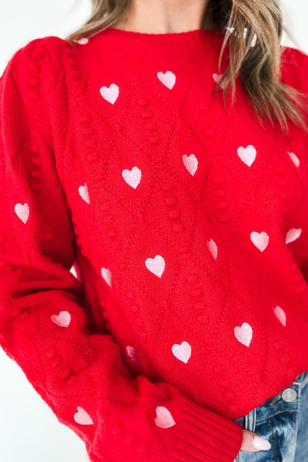 Fiery Red Contrast Heart Print Rhombus Knit Casual Sweater